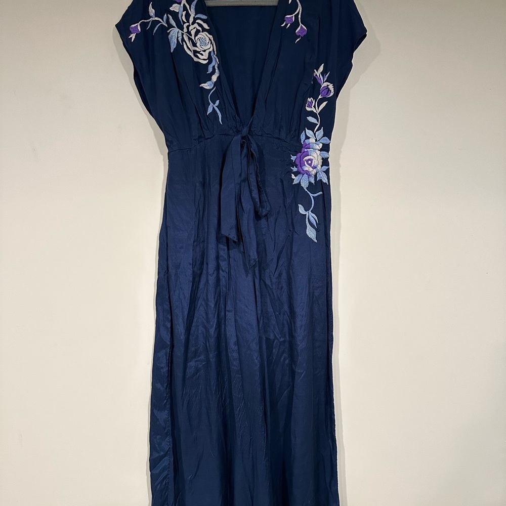 Free People Navy Maxi Jumpsuit with Floral Embroidery